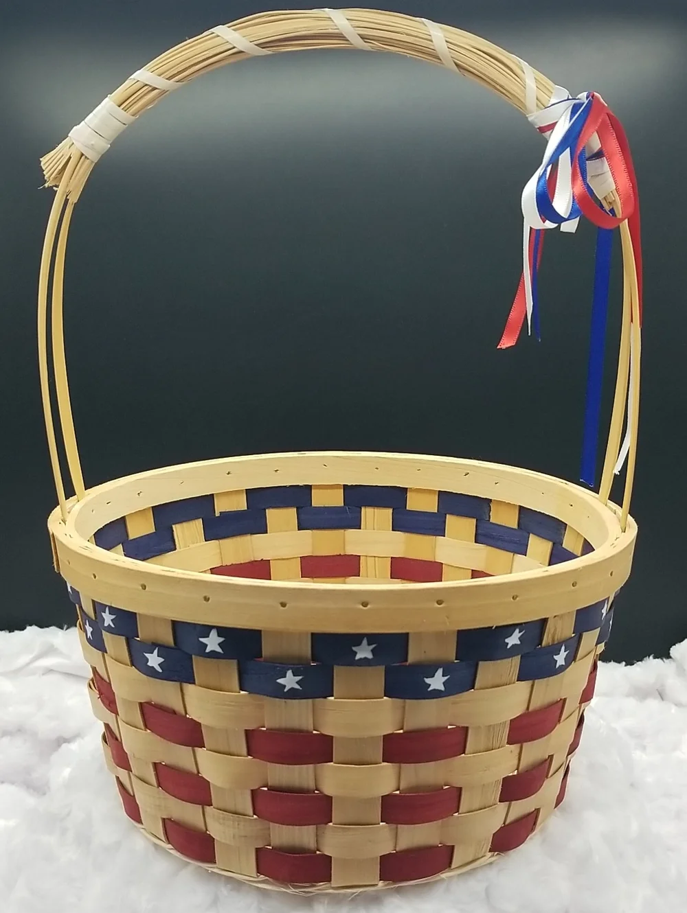 Vintage Handmade Round with Handle Red, White & Blue USA Flag Patriotic Basket